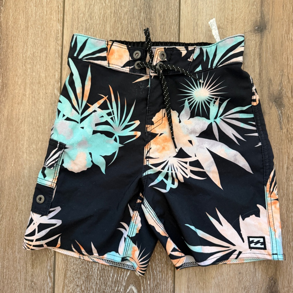 Billabong Black Boardshorts with Teal & Peach Tropical Print